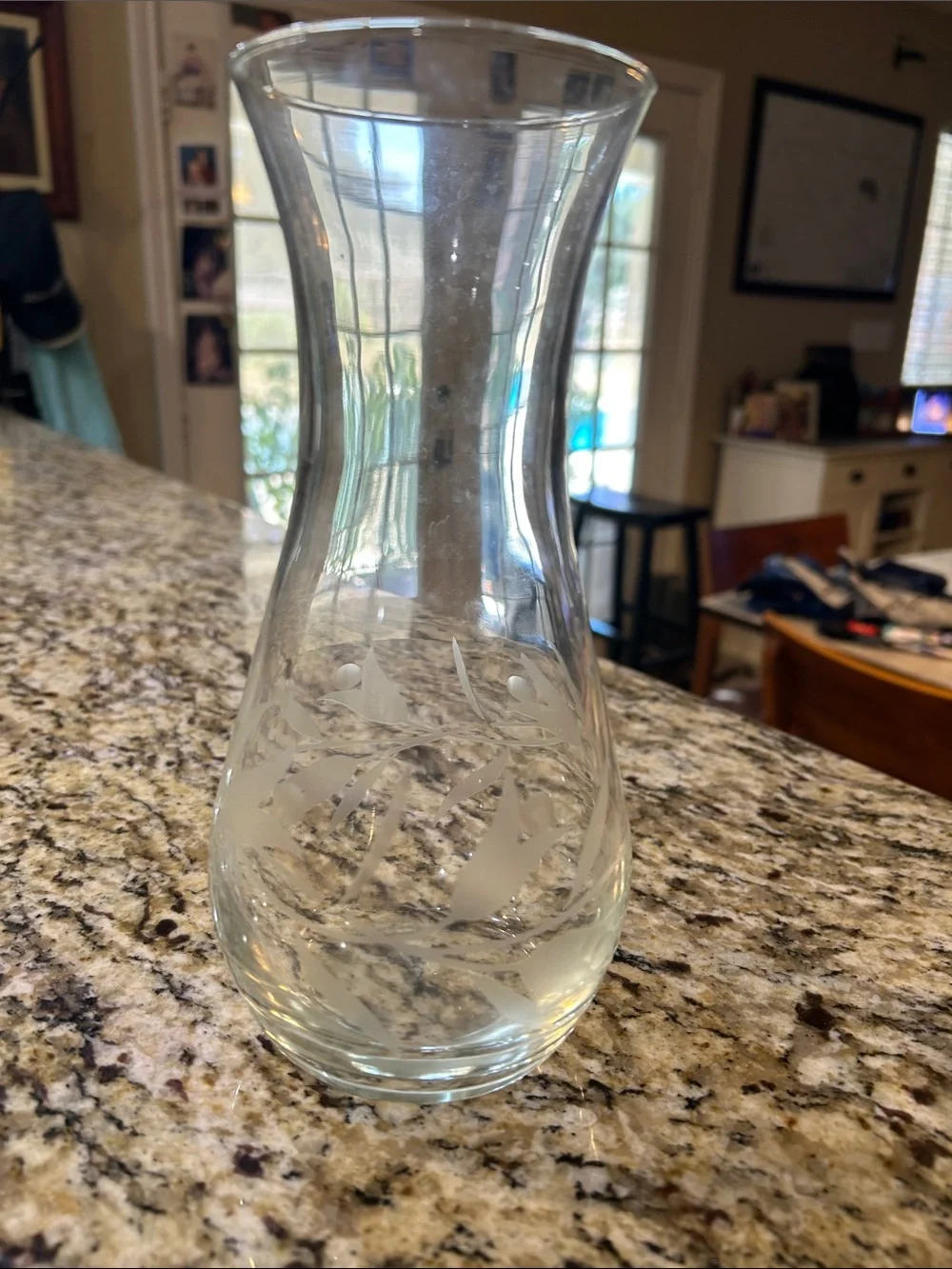 Etched Clear Glass Vase with Leaf Motif